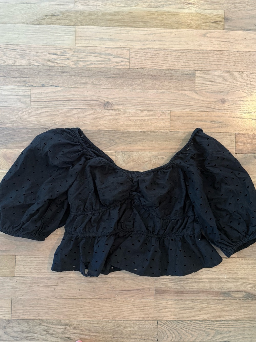 Black Puff Sleeve Eyelet Peplum Top - A New day